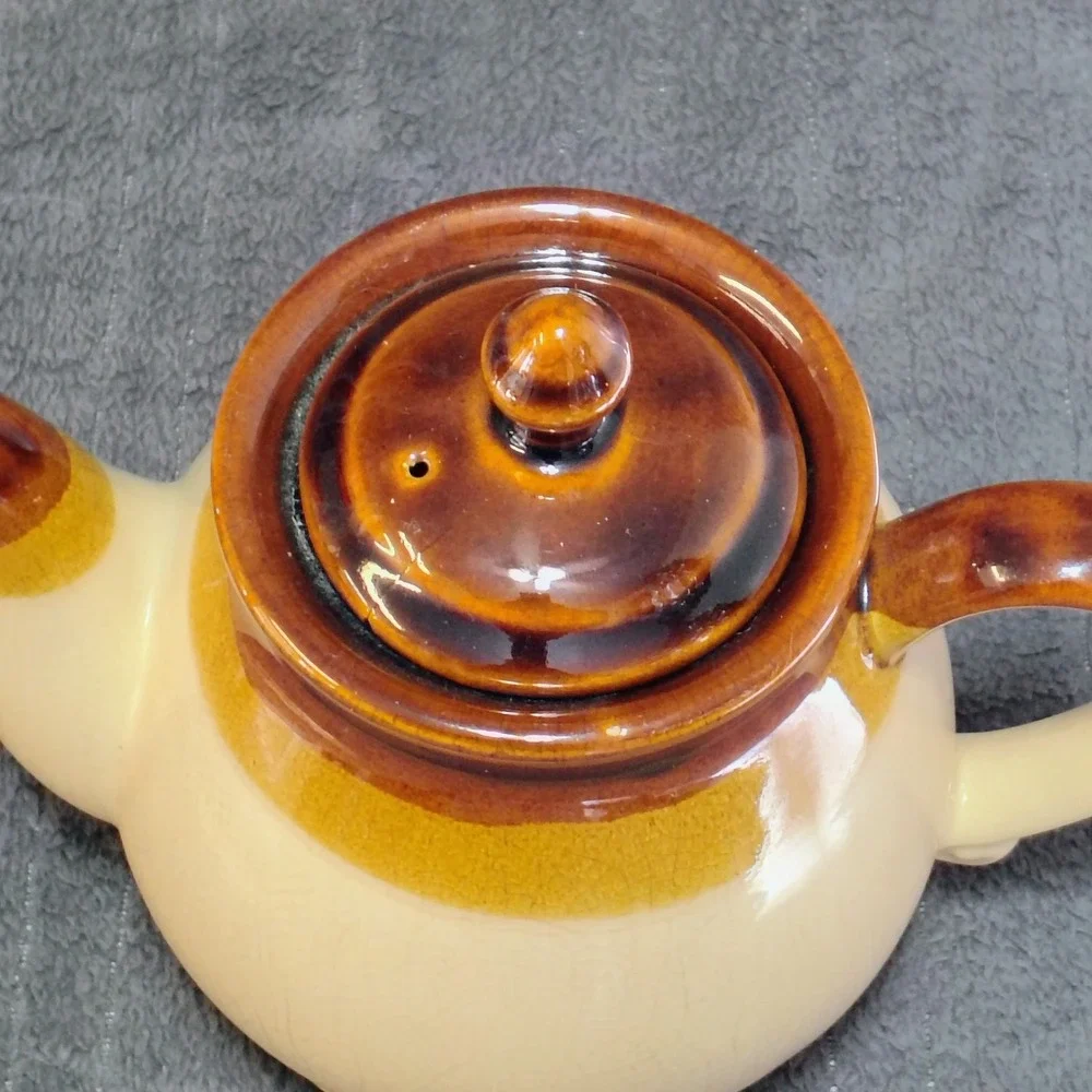 Vintage Tri-Color Glazed Stoneware Ceramic Teapot Brown Tan Rustic Farmhouse‎